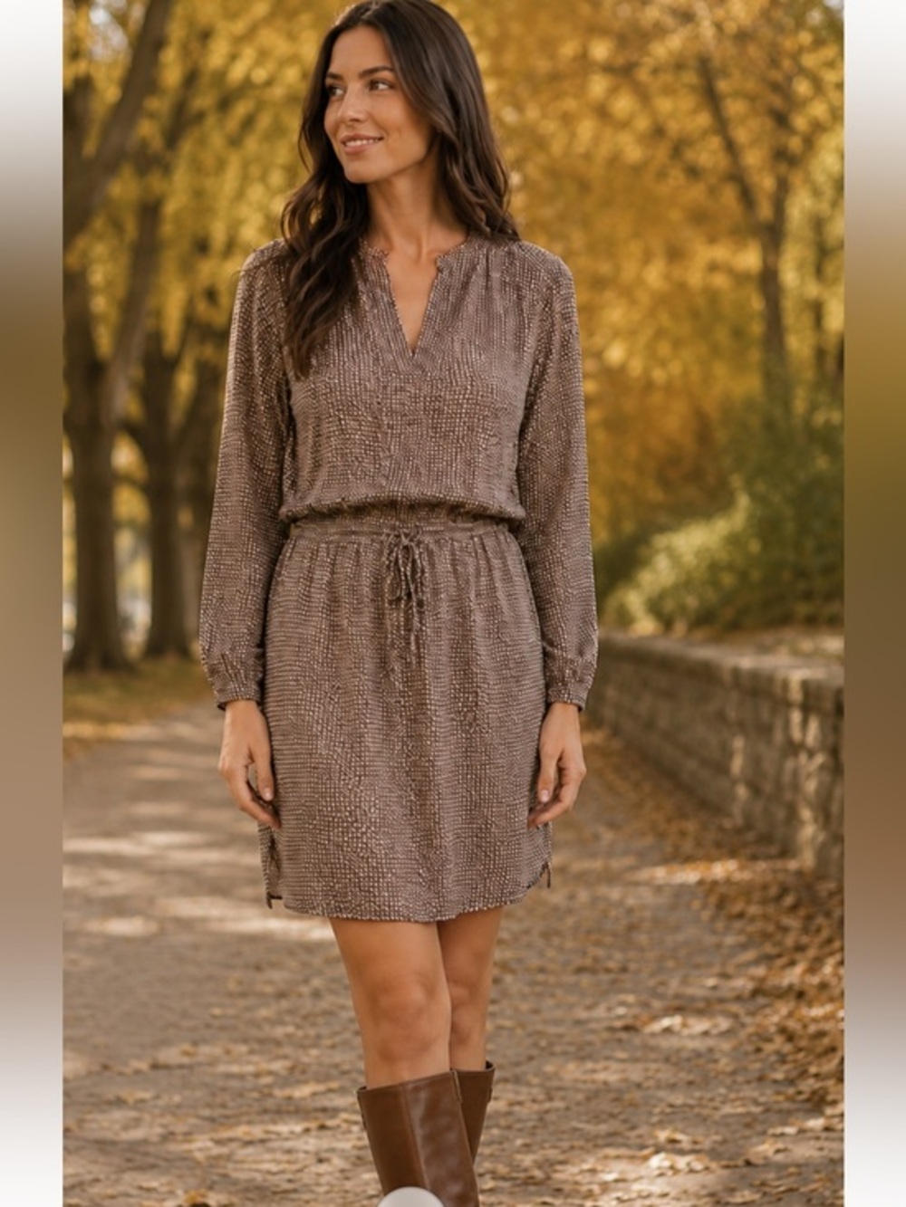 Vince 100% Silk Printed Shirtdress Drawstring Waist Split Neck Brown Size 10